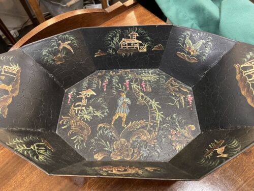 Beautifully Decorated Painted Toleware Bread Tray Chinese Scenes Kitchenalia