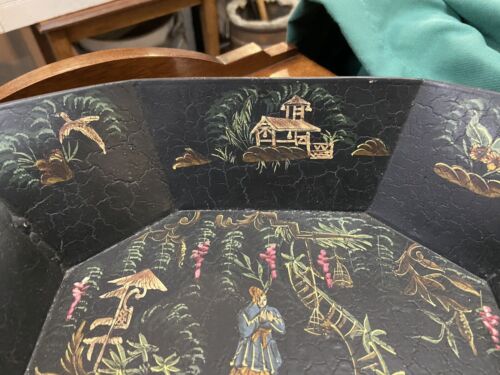 Beautifully Decorated Painted Toleware Bread Tray Chinese Scenes Kitchenalia
