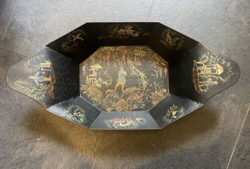 Vintage Painted Toleware Metal Bread Tray Chinese Scenes Collectable Decorative