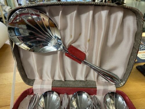 Lovely Vintage Retro Boxed Set Of Dessert Spoons Chrome Shell Bowls Sheffield