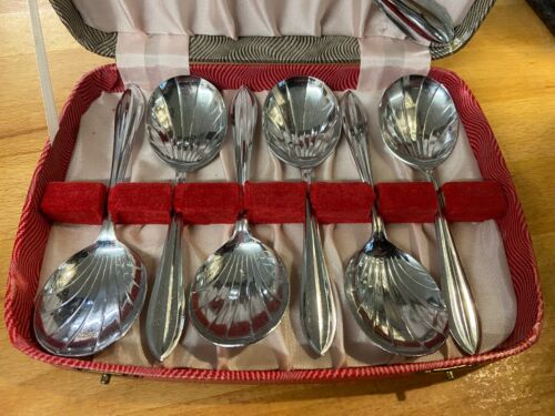 Lovely Vintage Retro Boxed Set Of Dessert Spoons Chrome Shell Bowls Sheffield