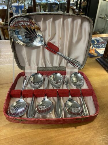 Lovely Vintage Retro Boxed Set Of Dessert Spoons Chrome Shell Bowls Sheffield