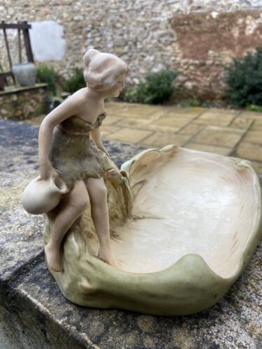 Royal Dux Bohemia Rare Antique Dish Maiden Water Collector At Pond Centrepiece