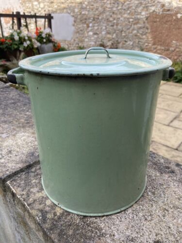 Vintage Round Green Enamel Bread Bin With Lid Storage Kitchenalia Collectable