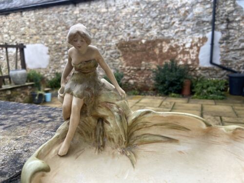 Royal Dux Bohemia Rare Antique Dish Maiden Water Collector At Pond Centrepiece