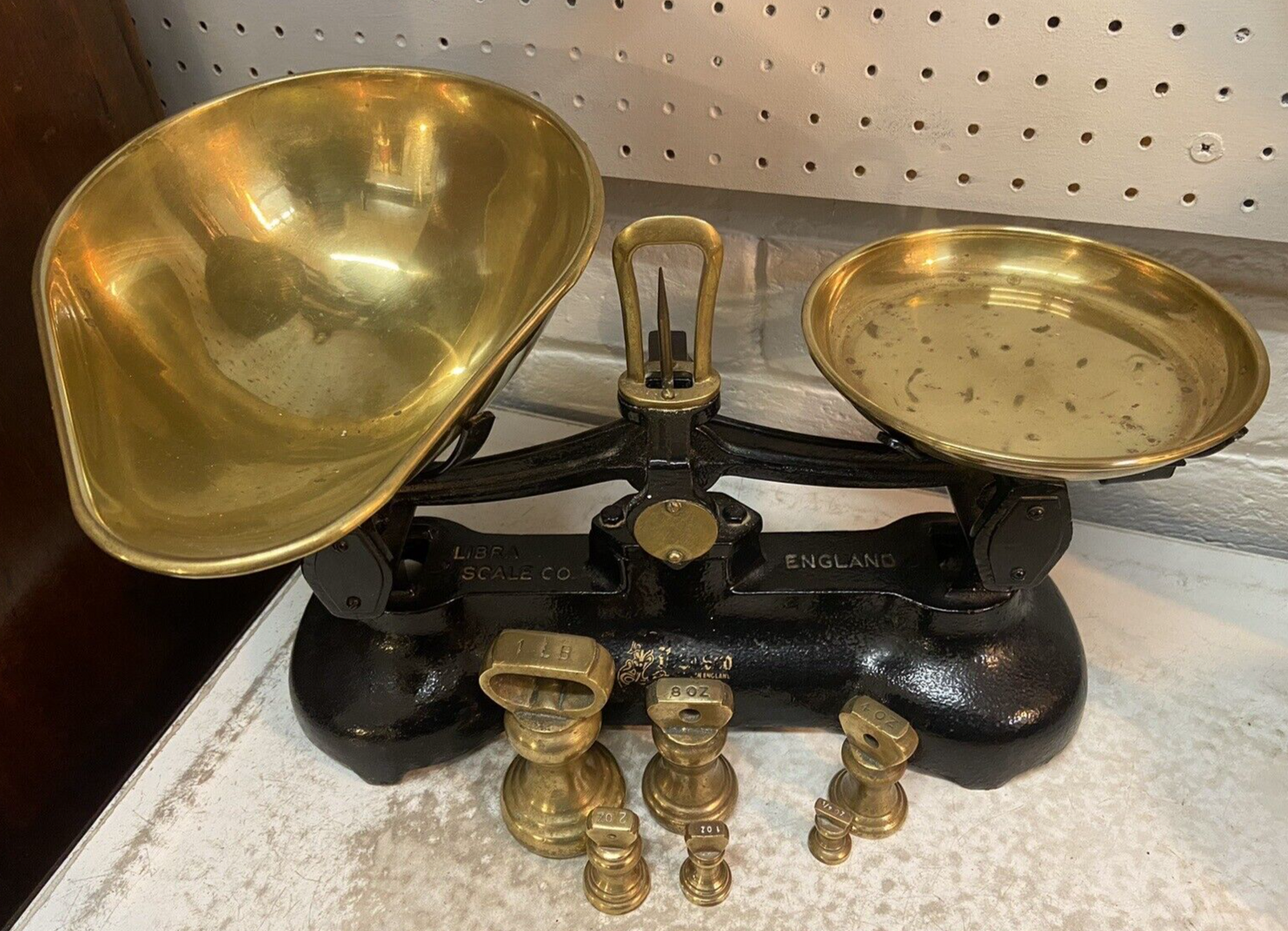 Vintage Set of Libra Librasco Scales And Weights Brass Pans Kitchenalia