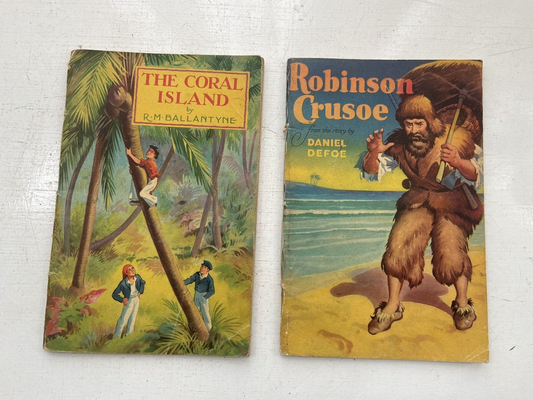 2x Vintage Children’s Books The Coral Island Robinson Crusoe School Learning