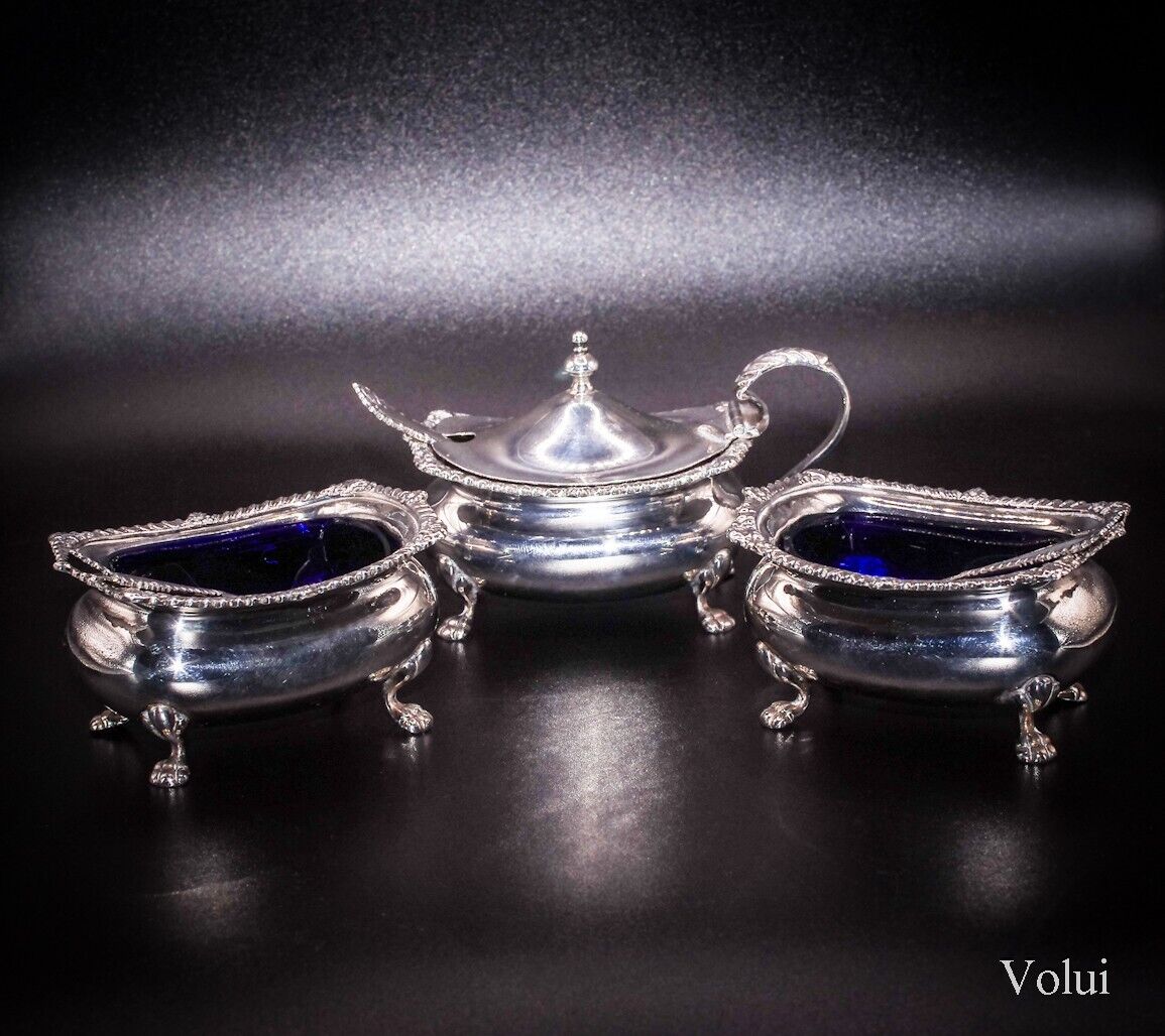 Beautiful Edwardian Silver Cruet Mustard & 2 Salt Cellars Deakin & Francis 1904