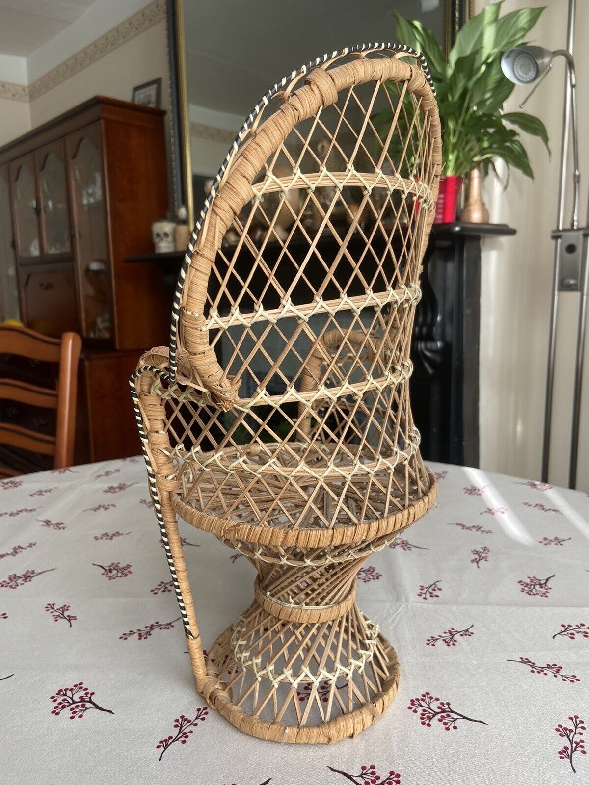 VIntage Mini Peacock Wicker Fan Back Rattan Chair 38cm Doll Plant Stand Boho