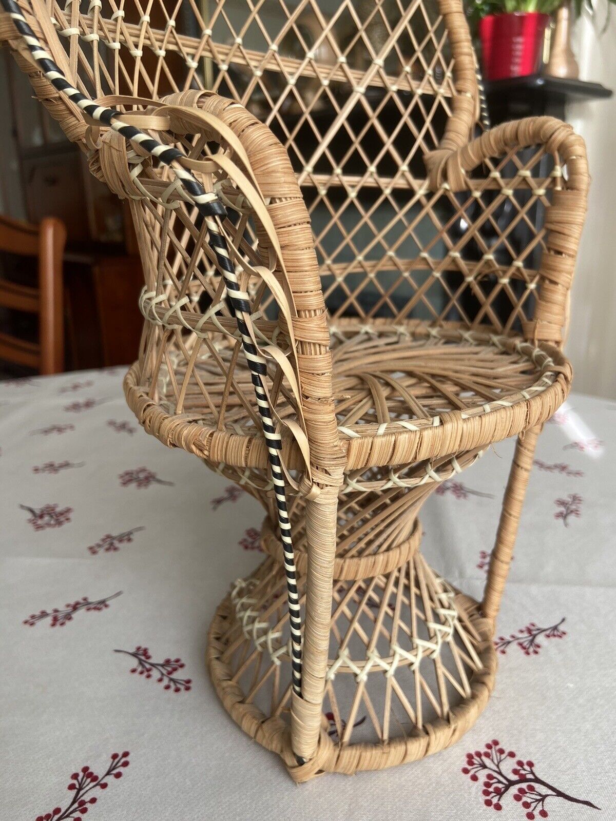 VIntage Mini Peacock Wicker Fan Back Rattan Chair 38cm Doll Plant Stand Boho