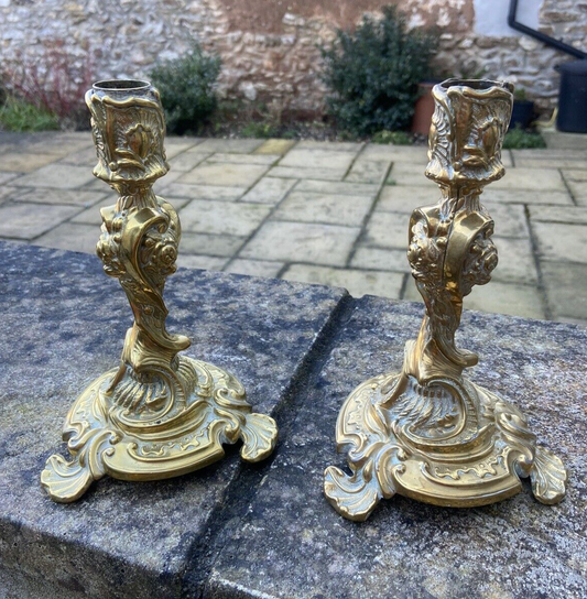 Highly Detailed Heavyweight Antique Brass Candlesticks Pair Candle Sticks