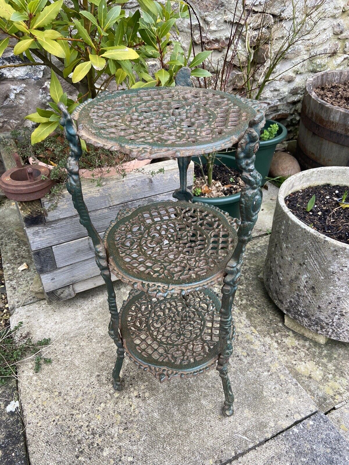 Antique Cast Iron Pot Stand Plant Stand Three Tier Saucepans Kitchen Garden