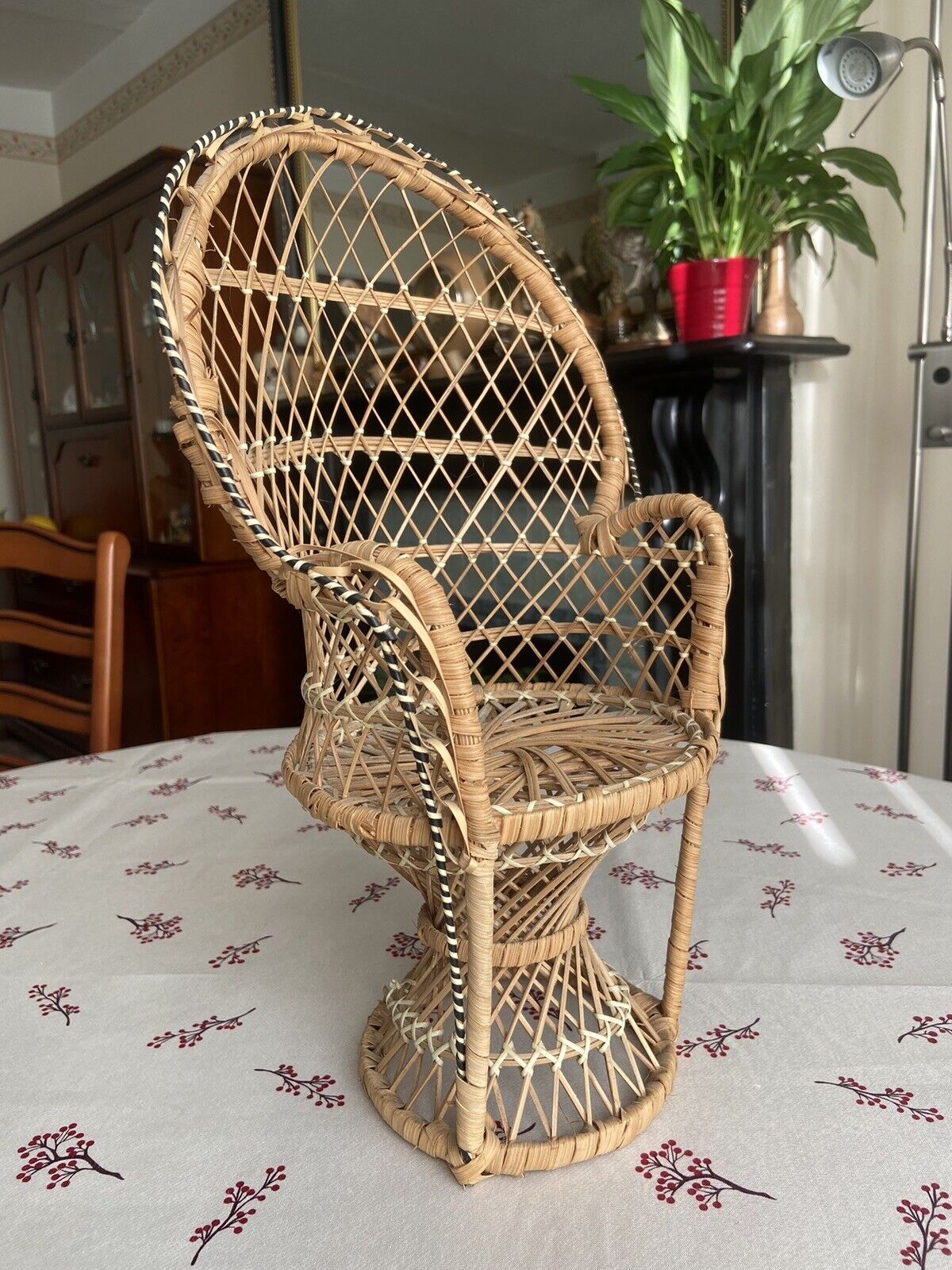 VIntage Mini Peacock Wicker Fan Back Rattan Chair 38cm Doll Plant Stand Boho