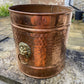 Vintage Copper Pot Bucket Bin Planter Jardiniere Hammered Brass Lion Head Handle