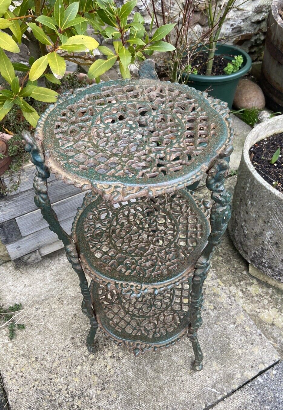 Antique Cast Iron Pot Stand Plant Stand Three Tier Saucepans Kitchen Garden