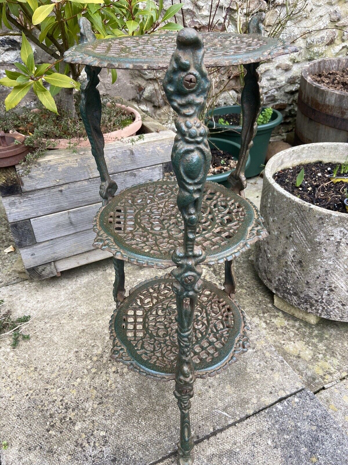 Antique Cast Iron Pot Stand Plant Stand Three Tier Saucepans Kitchen Garden