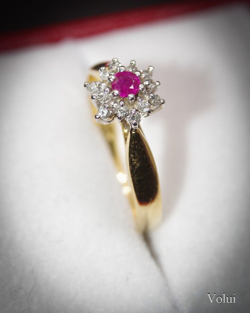 Classic J.S.N 18 Carat Gold Diamond and Ruby Cluster Ring Size M 1/2 Pre-Owned