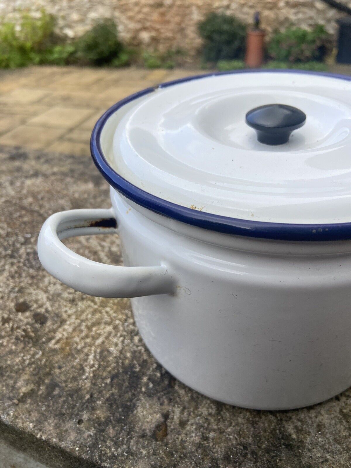 Vintage Small Enamel Lidded Pot Dish Glider Brand 16cm Cook Pot Kitchenalia