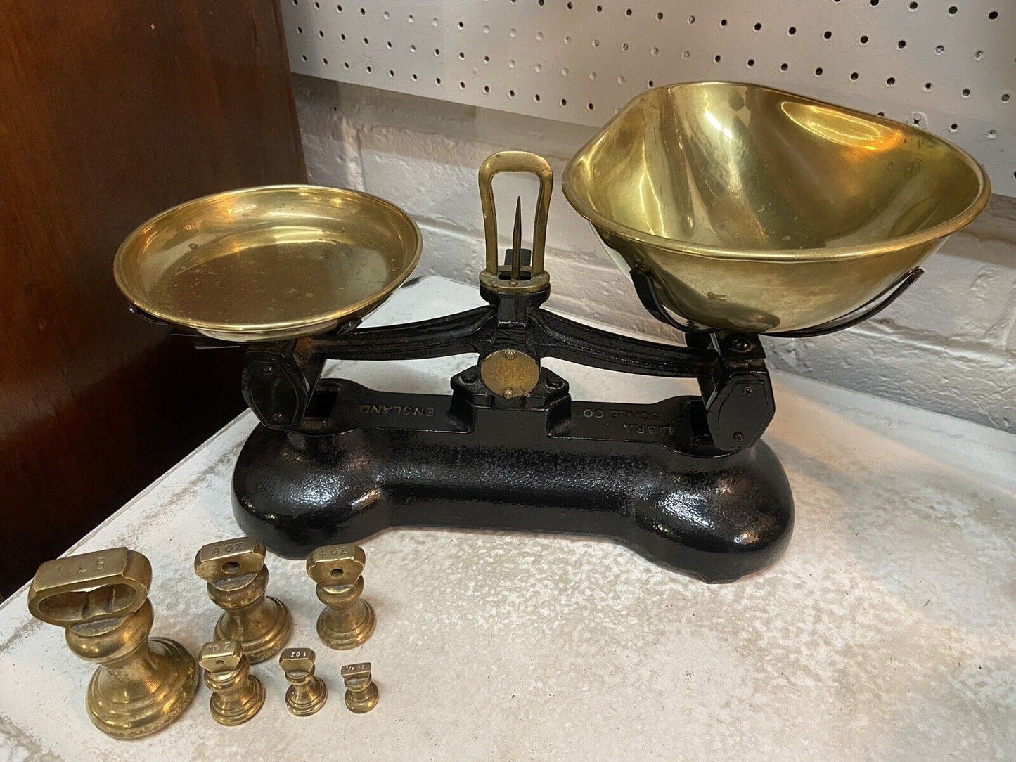 Vintage Set of Libra Librasco Scales And Weights Brass Pans Kitchenalia