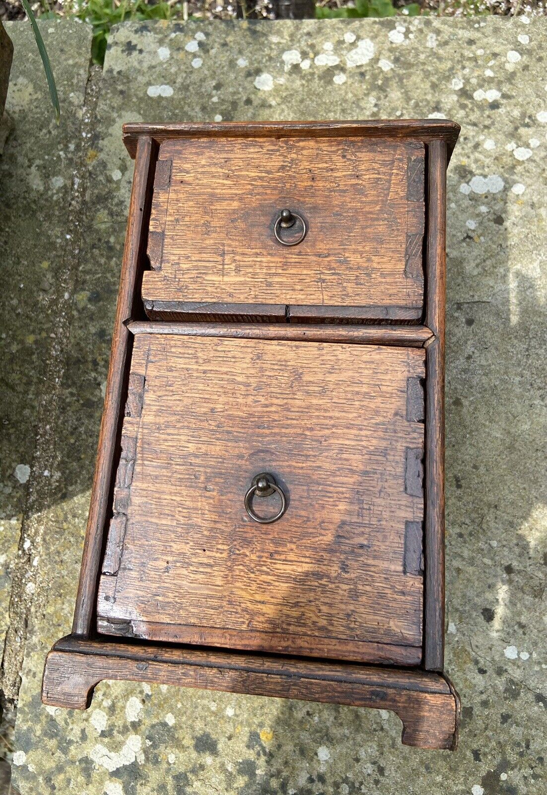 Small Antique Oak Spice Drawers Tabletop Two Drawer Unit Funiture