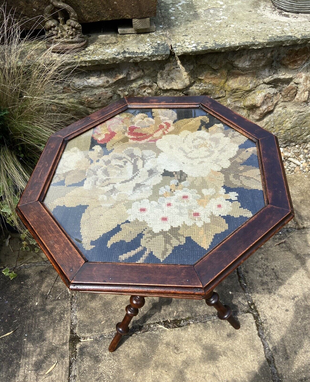 Victorian Gypsy Table Bobbin Leg Floral Tapestry Topped Three Legged Table