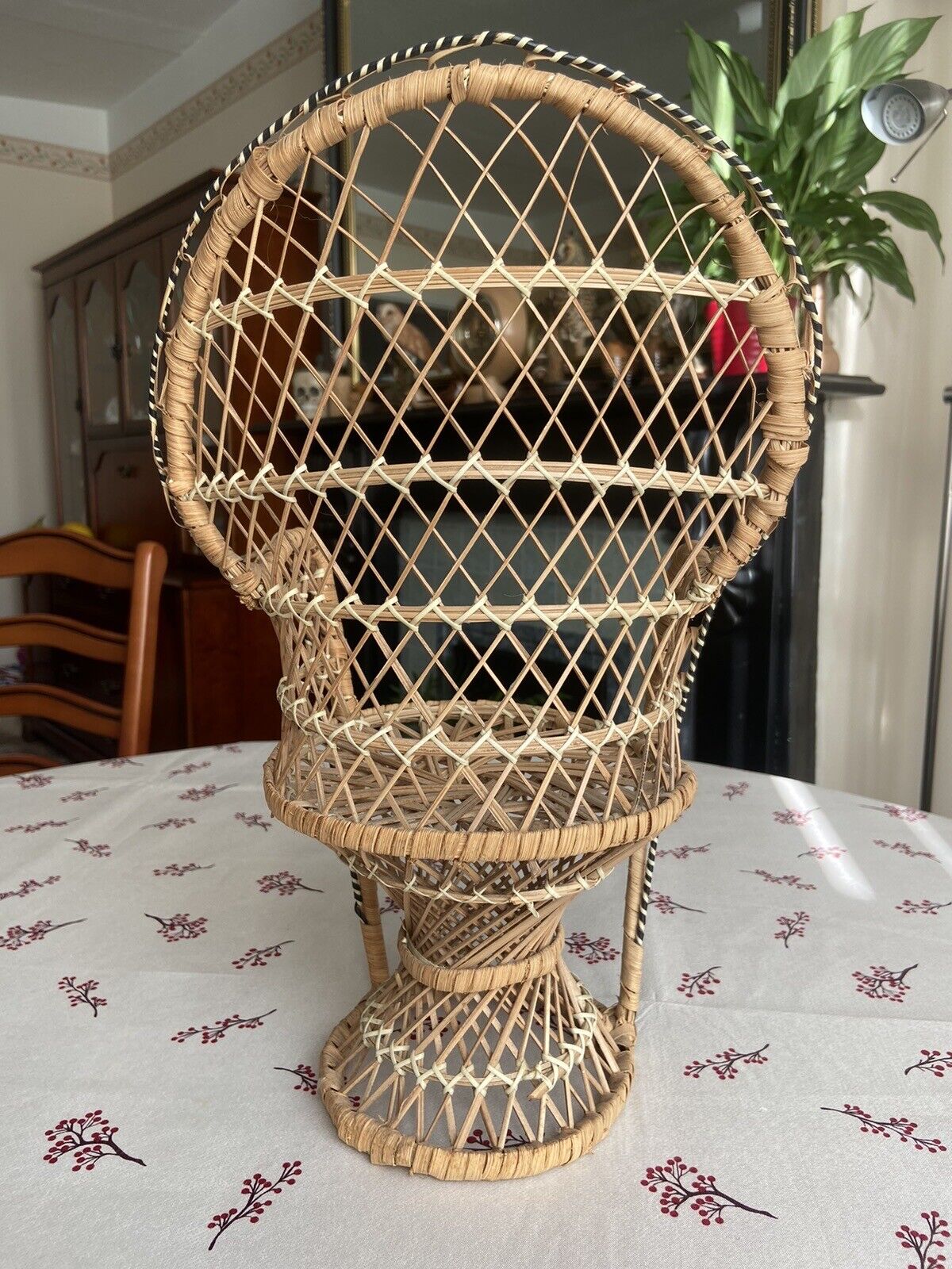 VIntage Mini Peacock Wicker Fan Back Rattan Chair 38cm Doll Plant Stand Boho