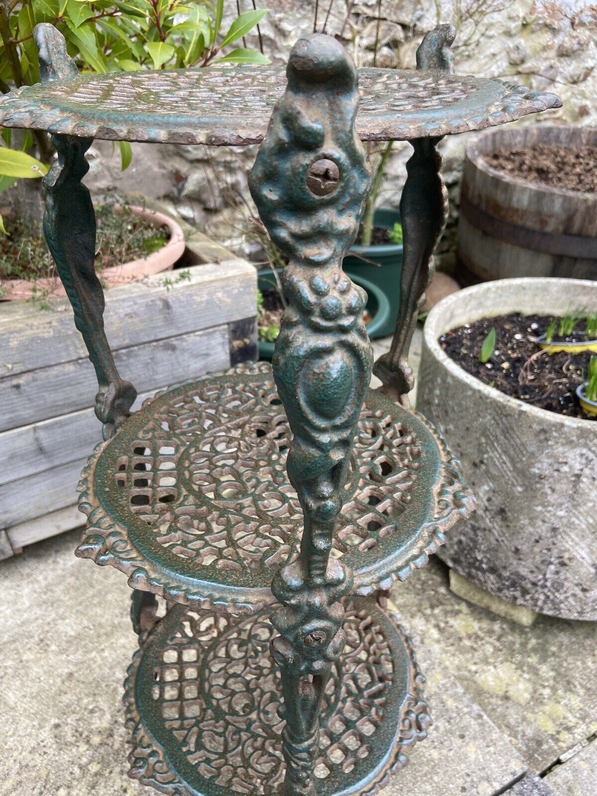 Antique Cast Iron Pot Stand Plant Stand Three Tier Saucepans Kitchen Garden