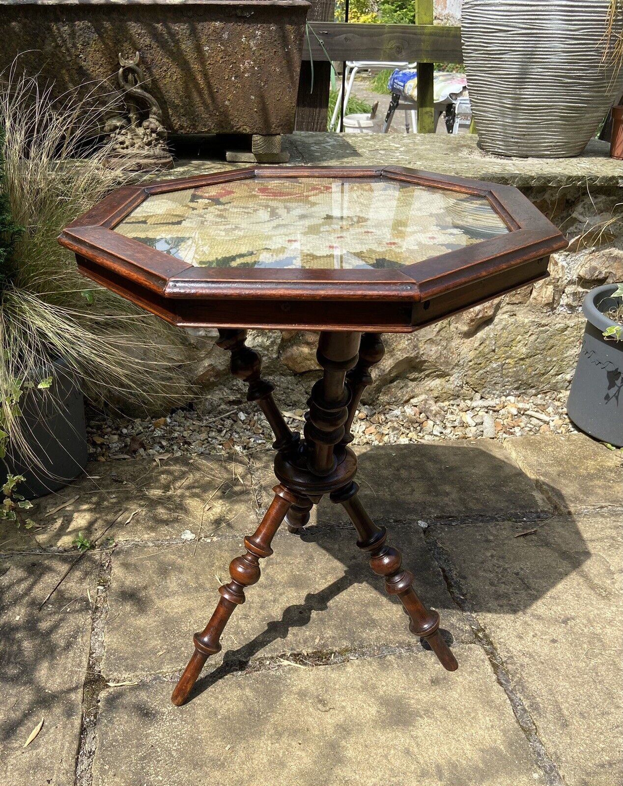 Victorian Gypsy Table Bobbin Leg Floral Tapestry Topped Three Legged Table