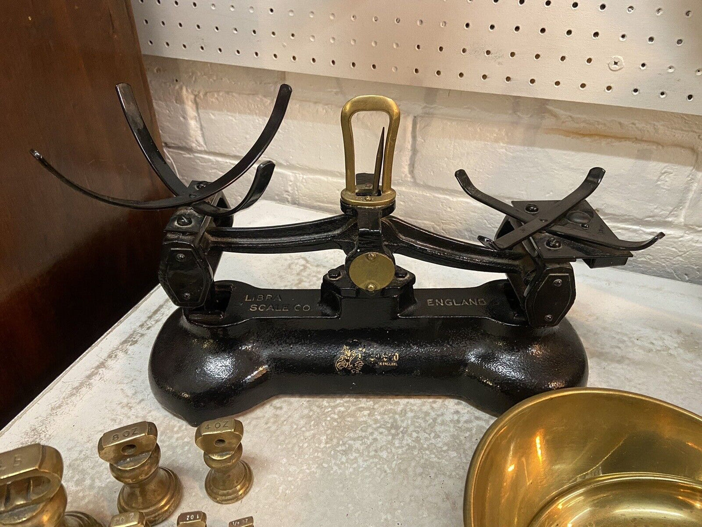 Vintage Set of Libra Librasco Scales And Weights Brass Pans Kitchenalia