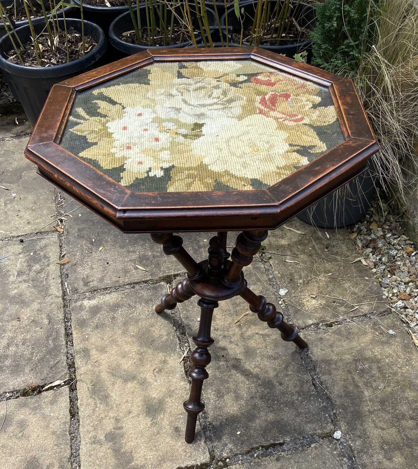 Victorian Gypsy Table Bobbin Leg Floral Tapestry Topped Three Legged Table