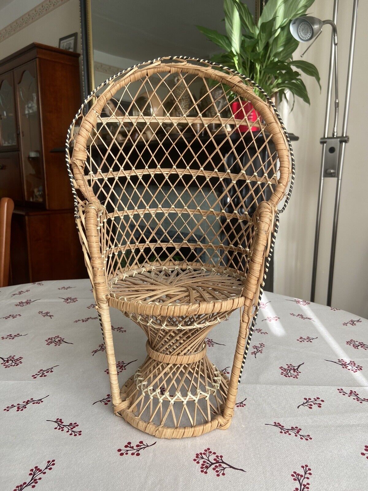 VIntage Mini Peacock Wicker Fan Back Rattan Chair 38cm Doll Plant Stand Boho