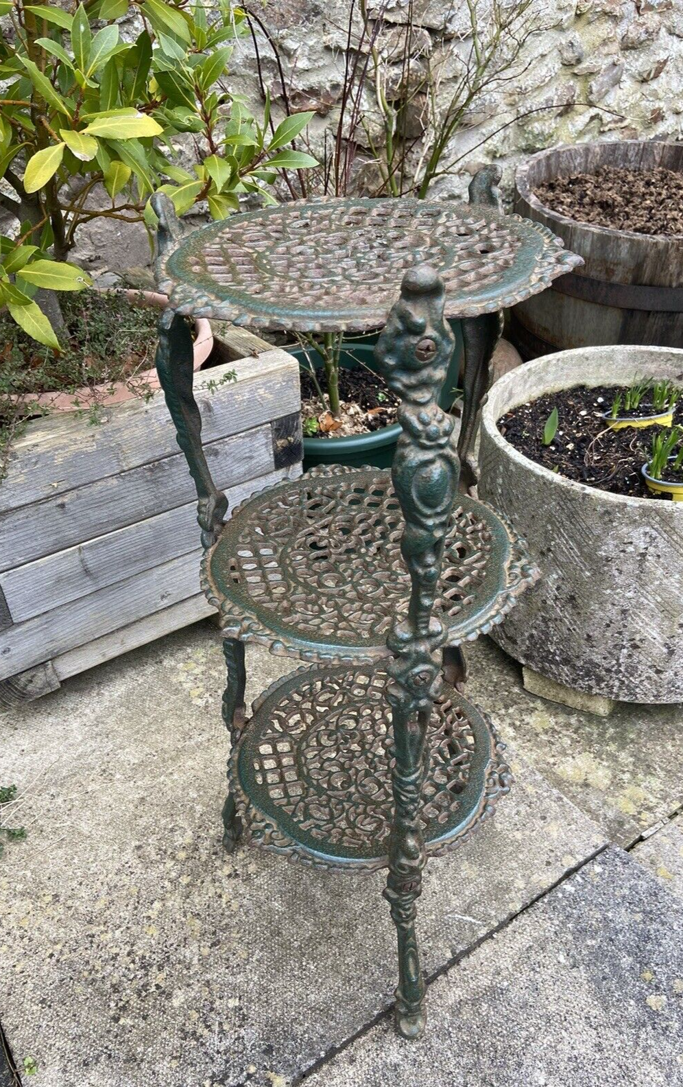 Antique Cast Iron Pot Stand Plant Stand Three Tier Saucepans Kitchen Garden