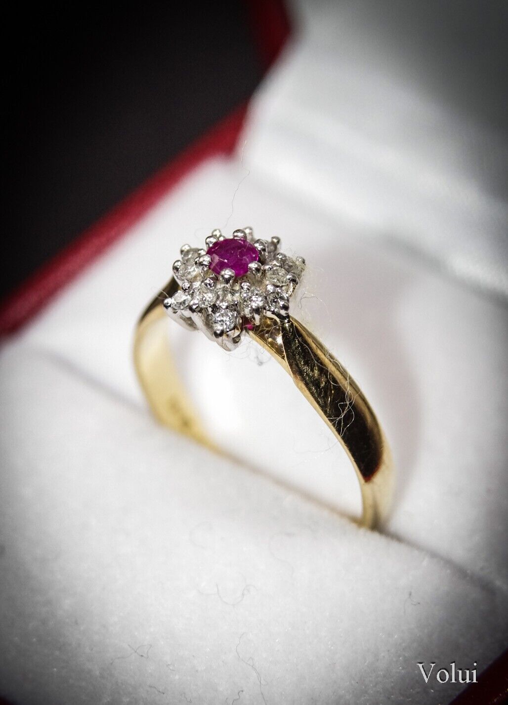 Classic J.S.N 18 Carat Gold Diamond and Ruby Cluster Ring Size M 1/2 Pre-Owned