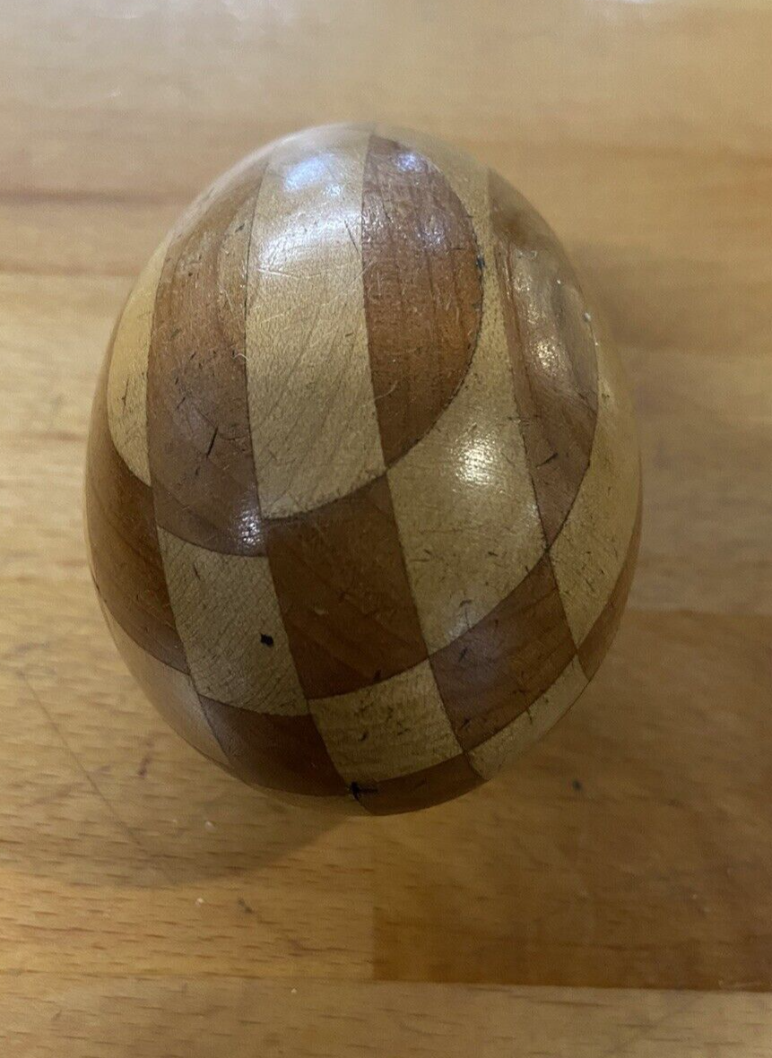 Small Vintage Darning Wooden Egg Parquetry Stripes and Checkerboard Pattern