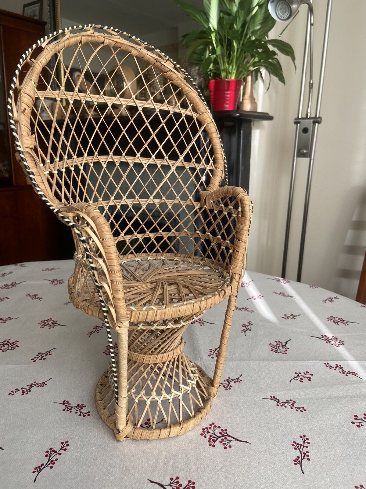 VIntage Mini Peacock Wicker Fan Back Rattan Chair 38cm Doll Plant Stand Boho