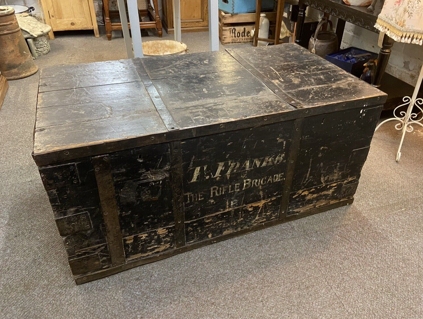 Antique Victorian Military Chest Trunk T Franks The Rifle Brigade Storage