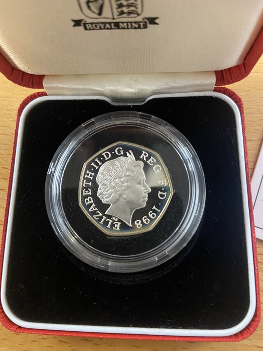 UK 1998 Silver Proof Piedfort 50p Coin 25th Anniversary EEC Collectable Coins