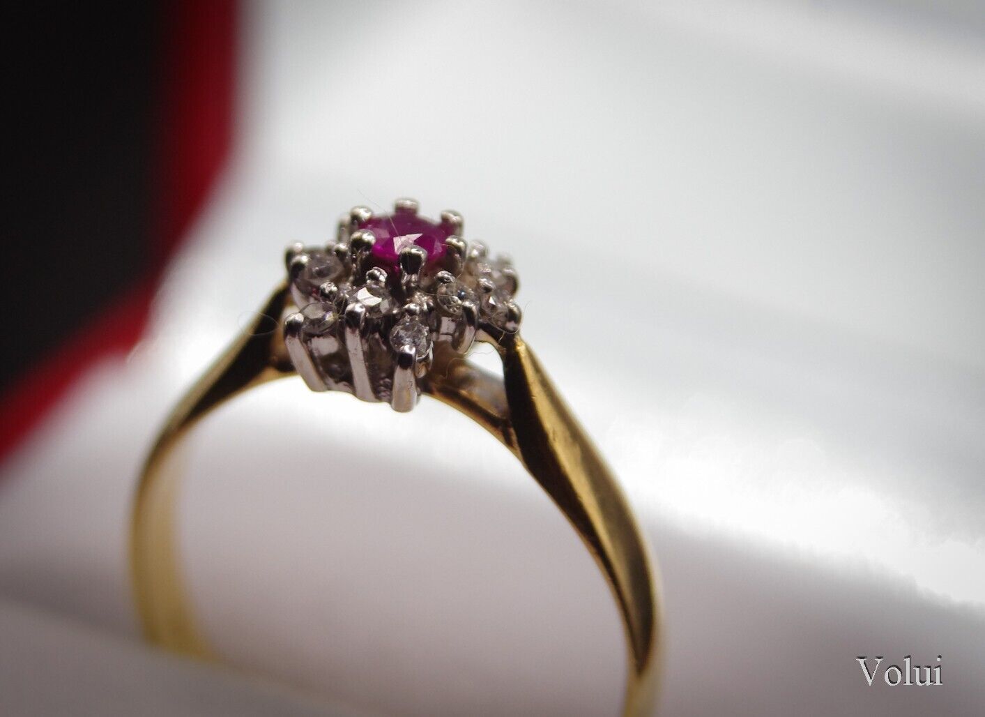 Classic J.S.N 18 Carat Gold Diamond and Ruby Cluster Ring Size M 1/2 Pre-Owned