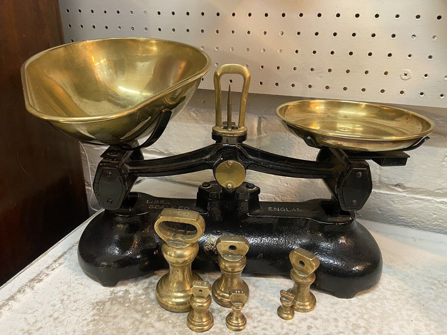 Vintage Set of Libra Librasco Scales And Weights Brass Pans Kitchenalia