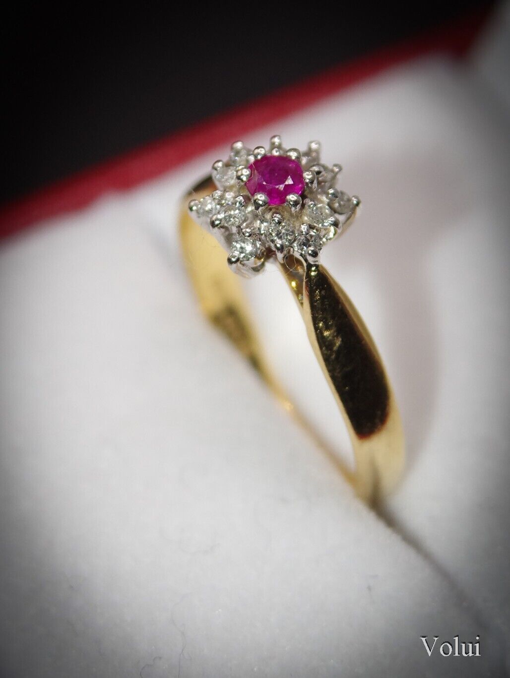 Classic J.S.N 18 Carat Gold Diamond and Ruby Cluster Ring Size M 1/2 Pre-Owned