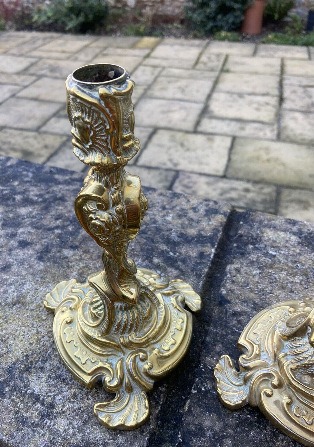 Highly Detailed Heavyweight Antique Brass Candlesticks Pair Candle Sticks