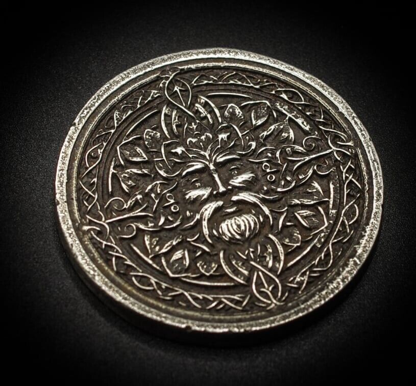 Silver Coin / Round Green Man Summer Design Collectable Hand Cast