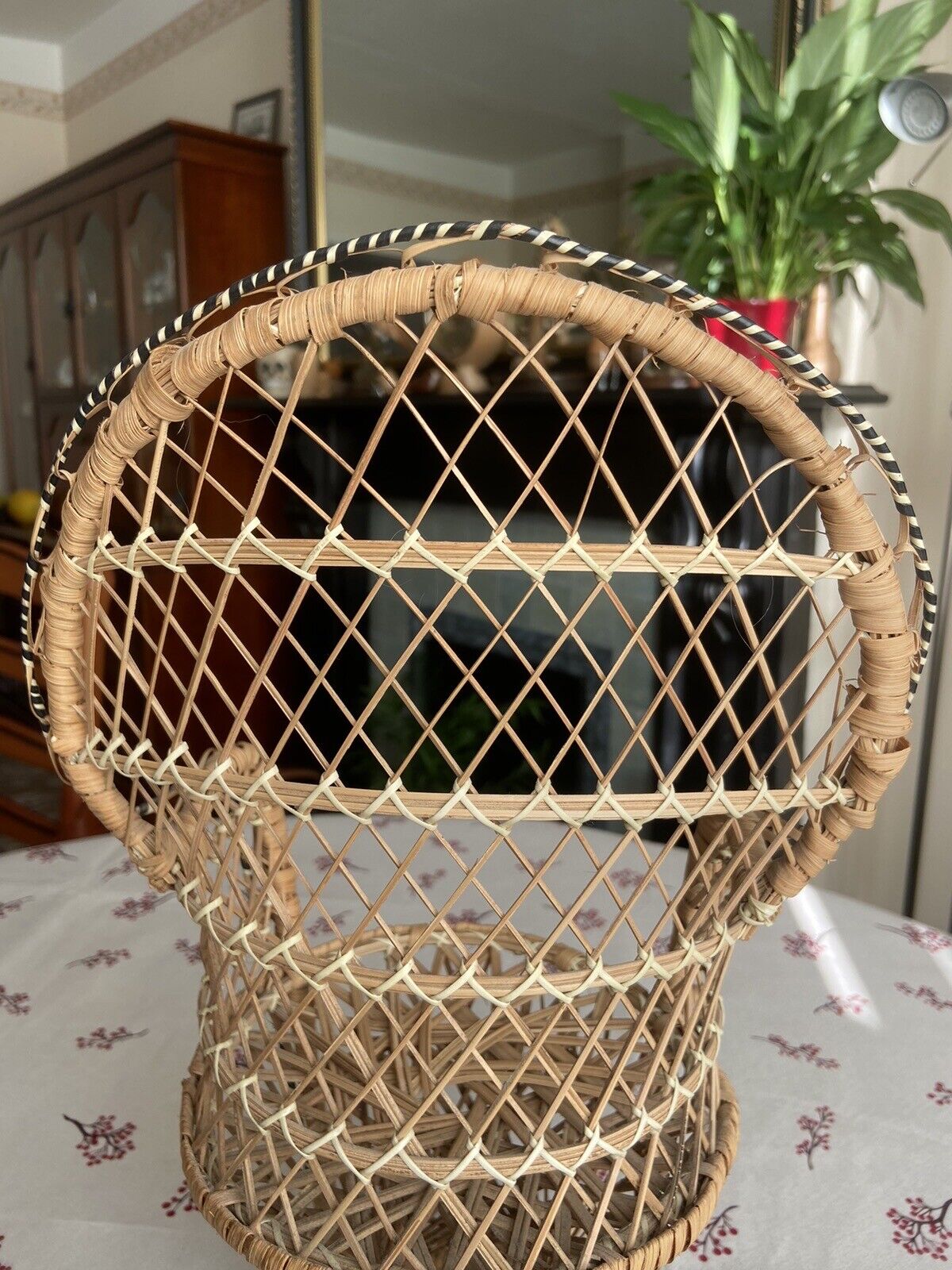 VIntage Mini Peacock Wicker Fan Back Rattan Chair 38cm Doll Plant Stand Boho