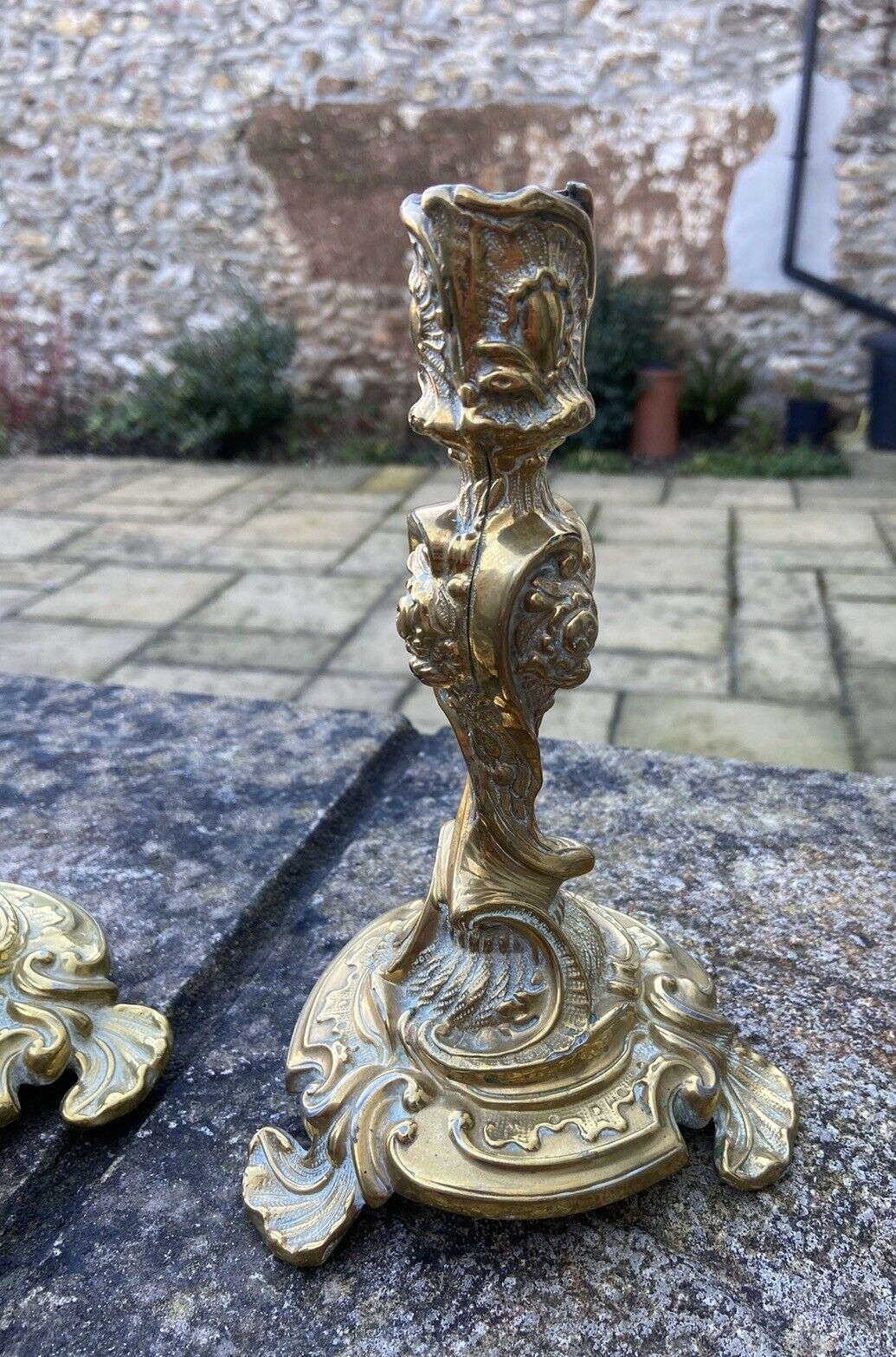 Highly Detailed Heavyweight Antique Brass Candlesticks Pair Candle Sticks