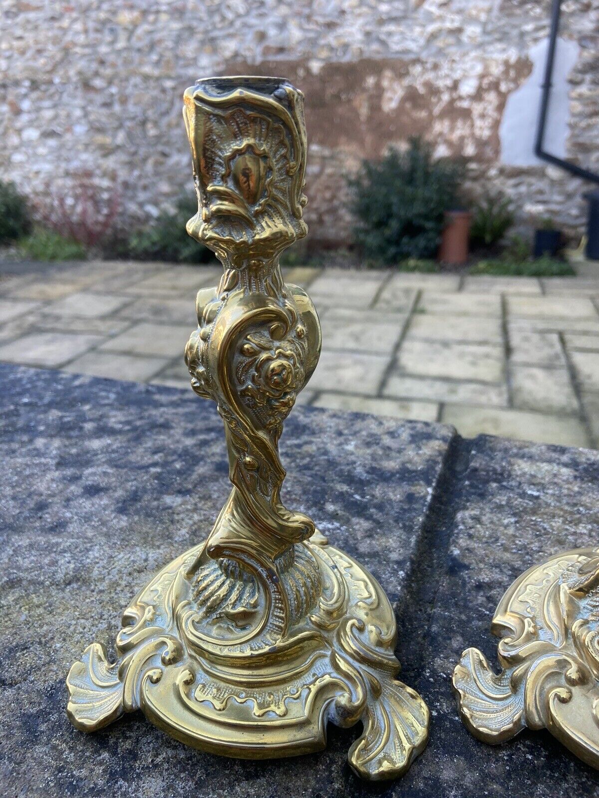 Highly Detailed Heavyweight Antique Brass Candlesticks Pair Candle Sticks