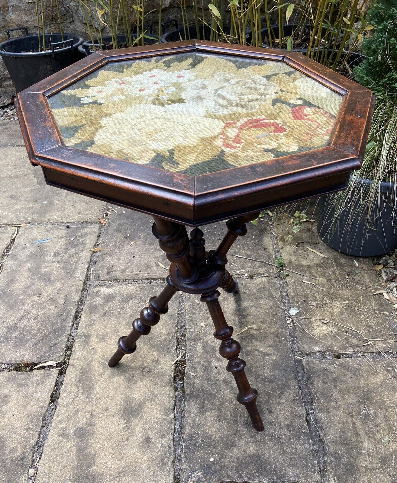 Victorian Gypsy Table Bobbin Leg Floral Tapestry Topped Three Legged Table