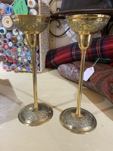 Attractive Vintage Pair of Brass Candlesticks Cup Candle Holders Collectable