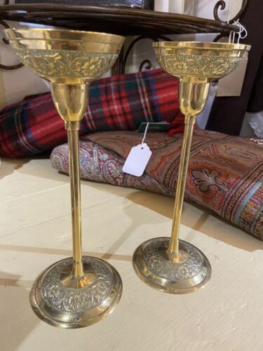 Attractive Vintage Pair of Brass Candlesticks Cup Candle Holders Collectable