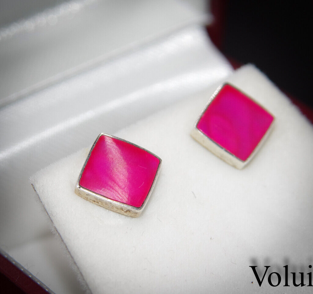 Pretty Silver Diamond Shaped Earrings With Pink Enameling Brand New Unworn 