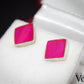 Pretty Silver Diamond Shaped Earrings With Pink Enameling Brand New Unworn 